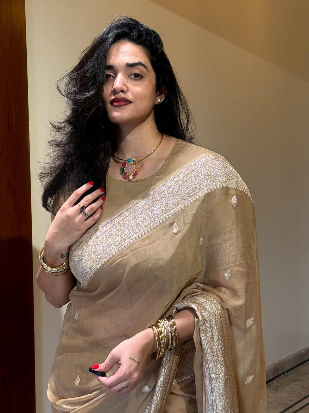 Pastel Brown Small Butta Pure Chiffon Saree (Shreya Vishakant)