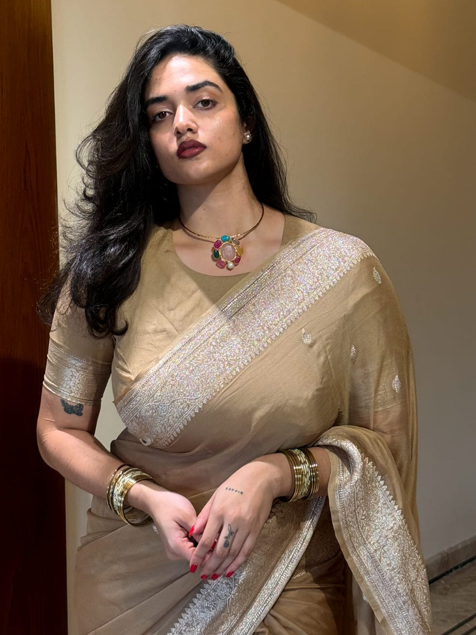 Pastel Brown Small Butta Pure Chiffon Saree (Shreya Vishakant)