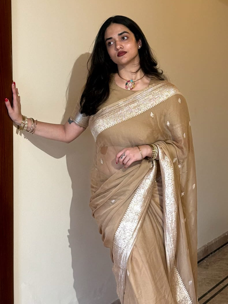 Pastel Brown Small Butta Pure Chiffon Saree (Shreya Vishakant)