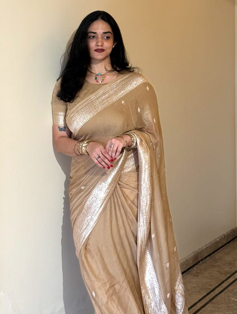Pastel Brown Small Butta Pure Chiffon Saree (Shreya Vishakant)