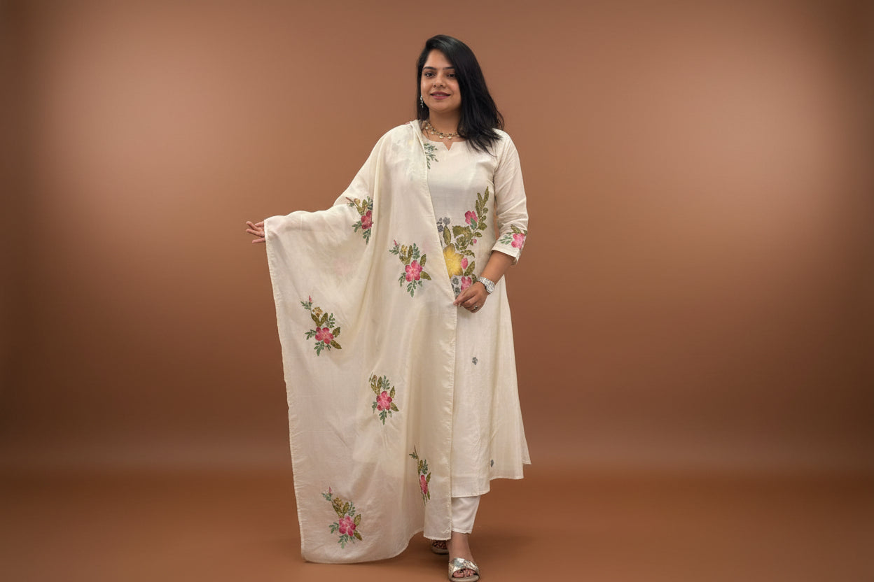 Cream Shimmer Hand Embroidery Straight Fit Kurtha 765