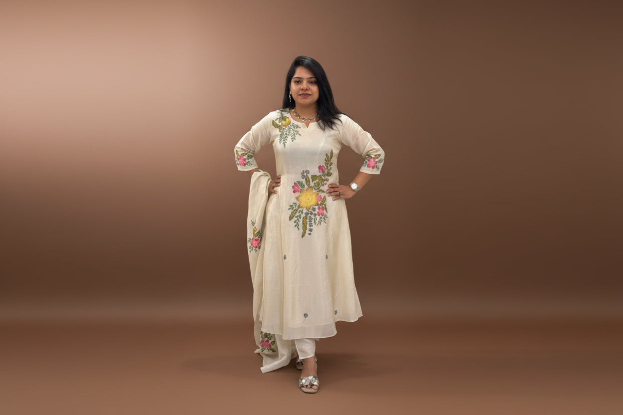 Cream Shimmer Hand Embroidery Straight Fit Kurtha 765