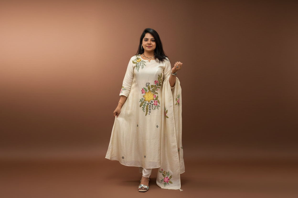 Cream Shimmer Hand Embroidery Straight Fit Kurtha 765