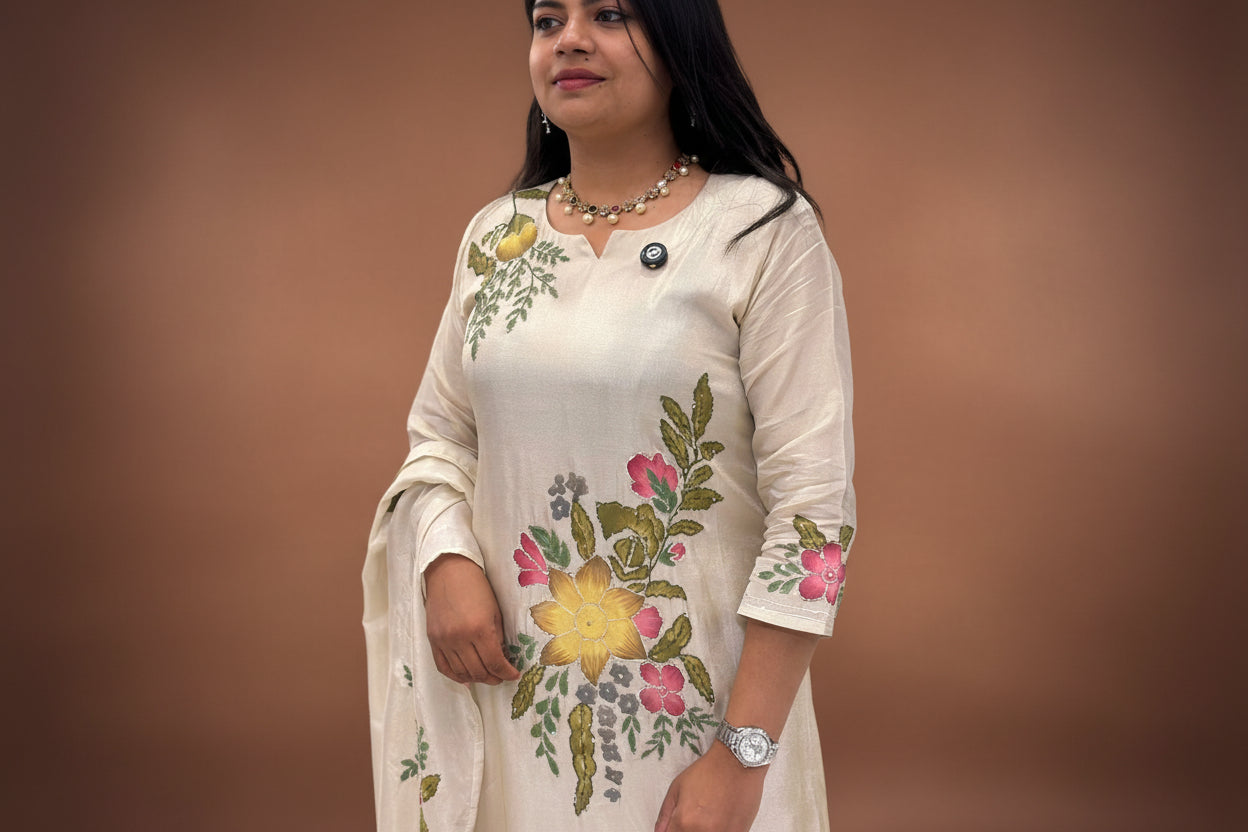 Cream Shimmer Hand Embroidery Straight Fit Kurtha 765