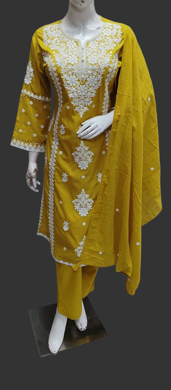 Mehandi Green Mul Cotton  Chikankari Work Straight Fit Kurtha 93