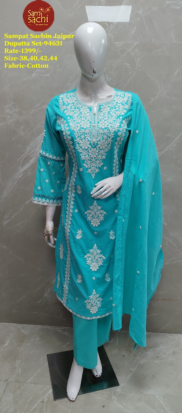 Blue Mul Cotton  Chikankari Work Straight Fit Kurtha 93