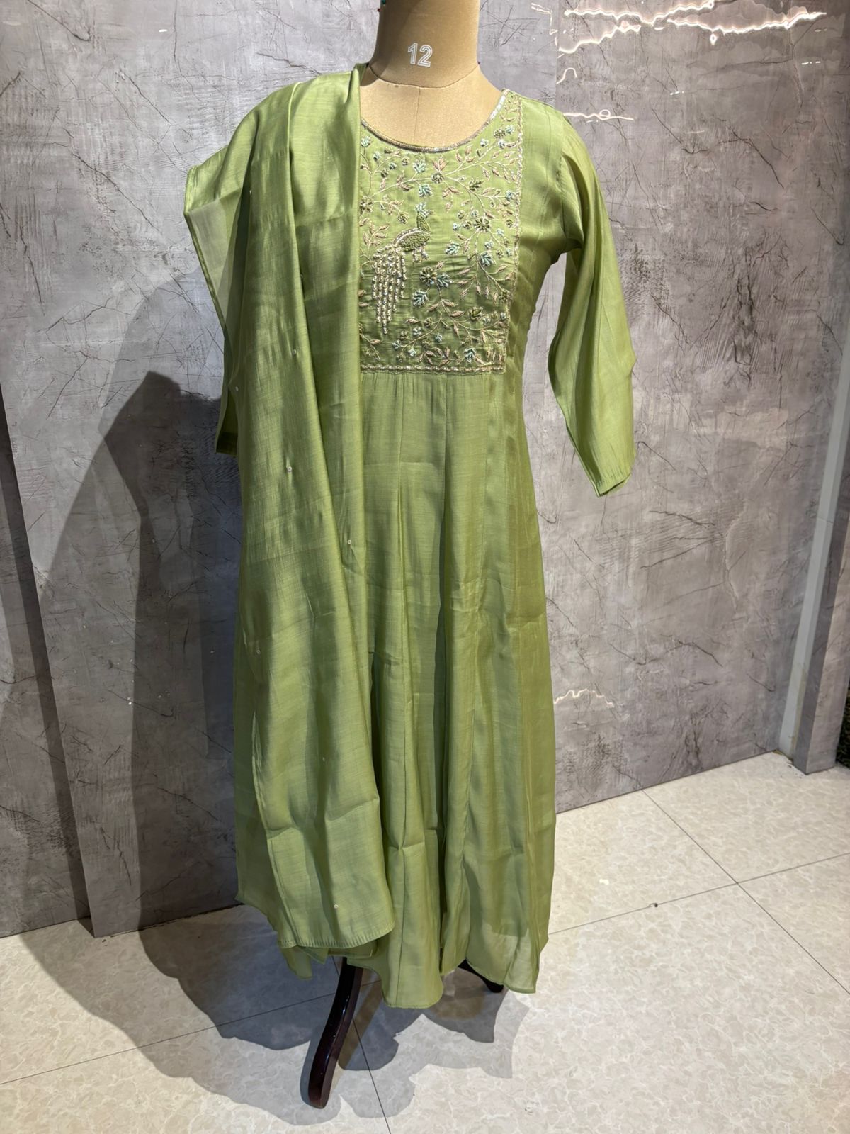Pista Green Mul Chanderi Thread Embroidery A Line Kurtha 63