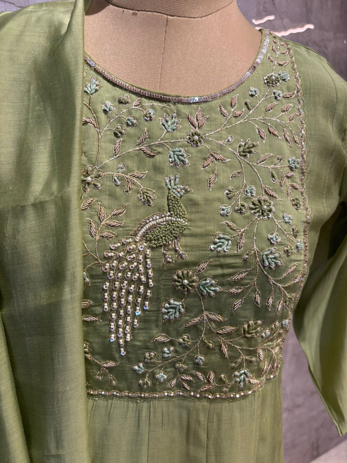 Pista Green Mul Chanderi Thread Embroidery A Line Kurtha 63