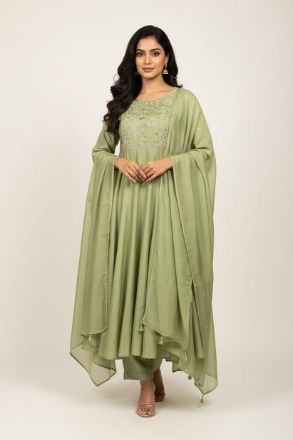 Pista Green Mul Chanderi Thread Embroidery A Line Kurtha 63