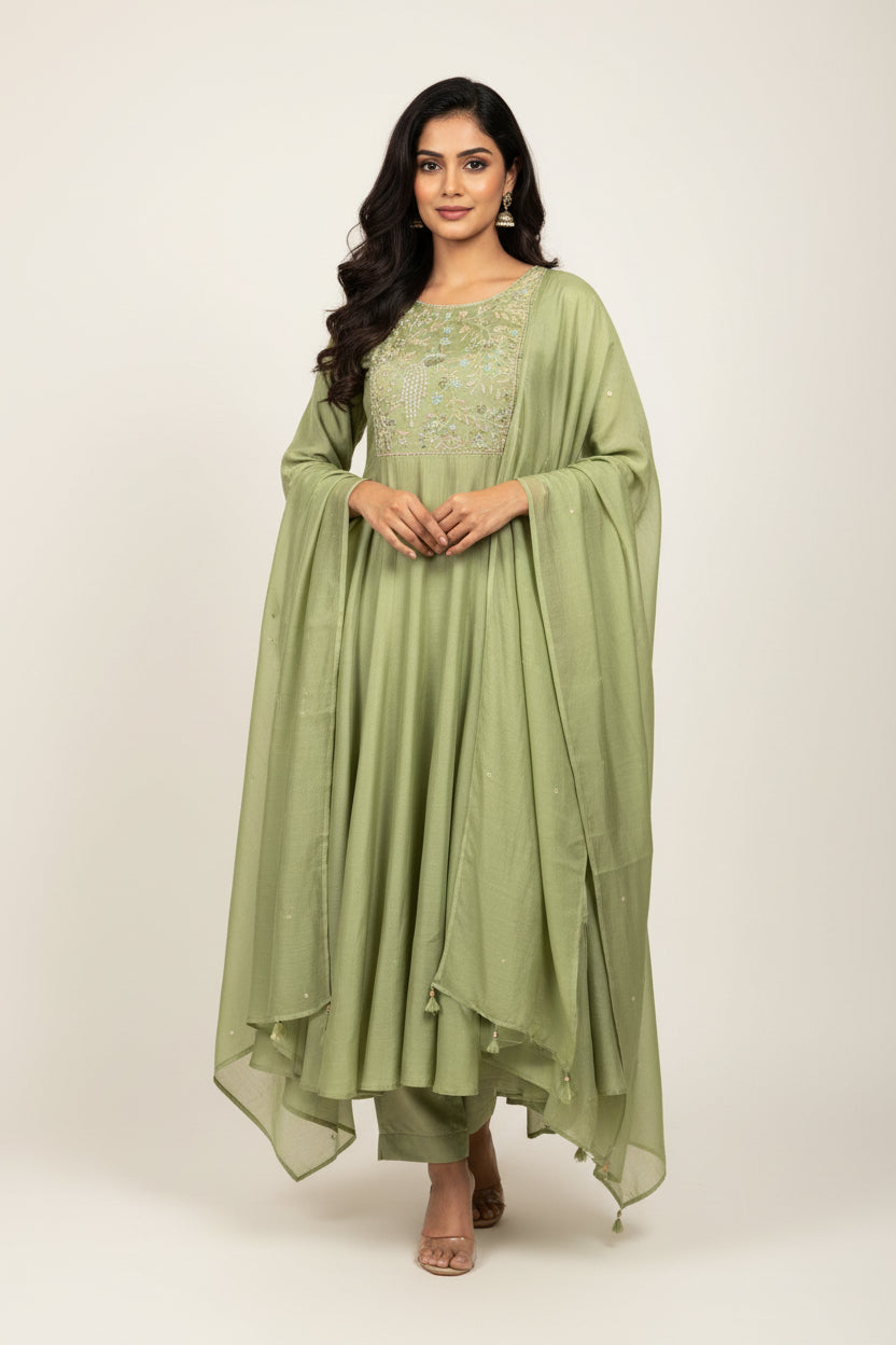 Pista Green Mul Chanderi Thread Embroidery A Line Kurtha 63