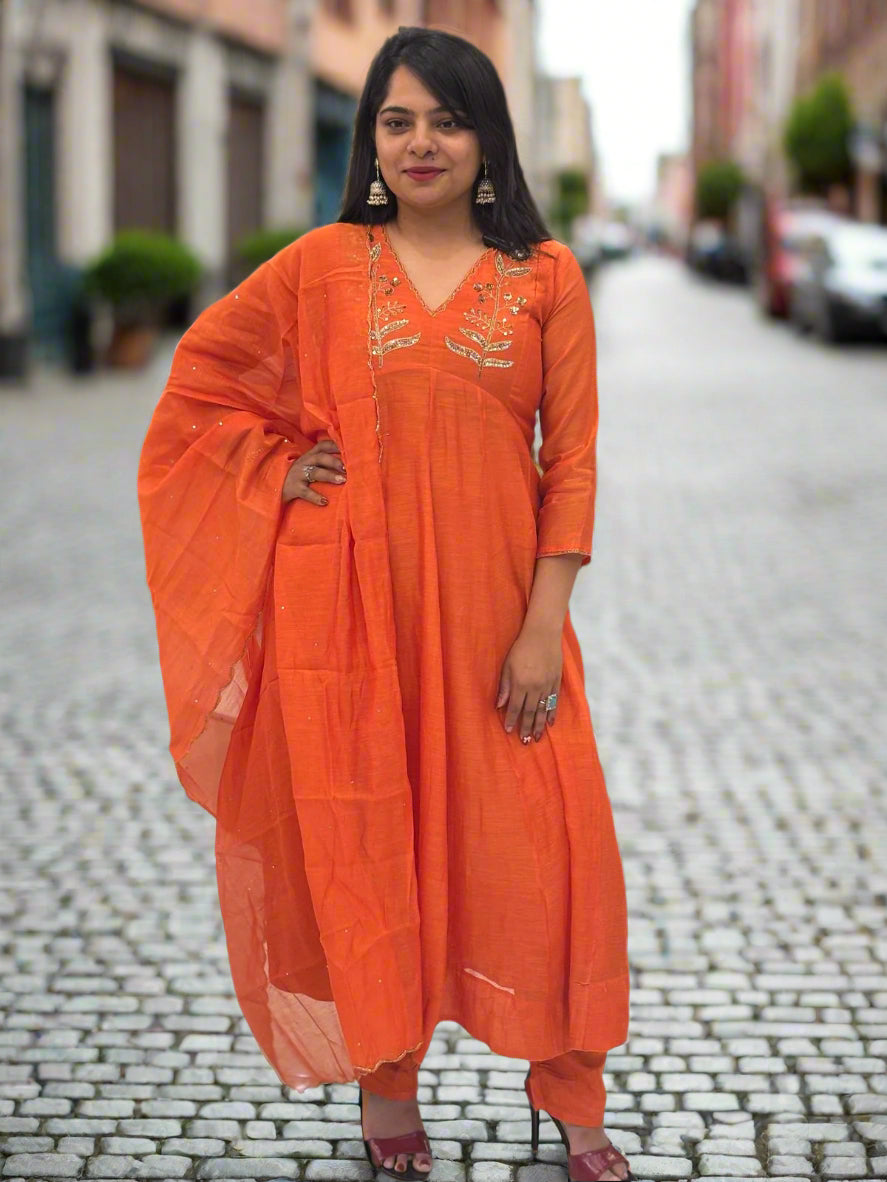 “Pani"  0range 333 Alia cut Mul Chanderi silk Kurtha suit with work hand embroidery