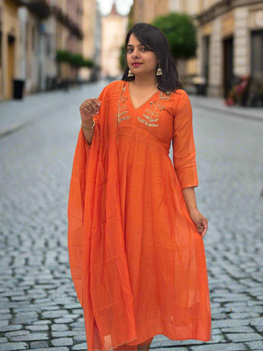 “Pani"  0range 333 Alia cut Mul Chanderi silk Kurtha suit with work hand embroidery