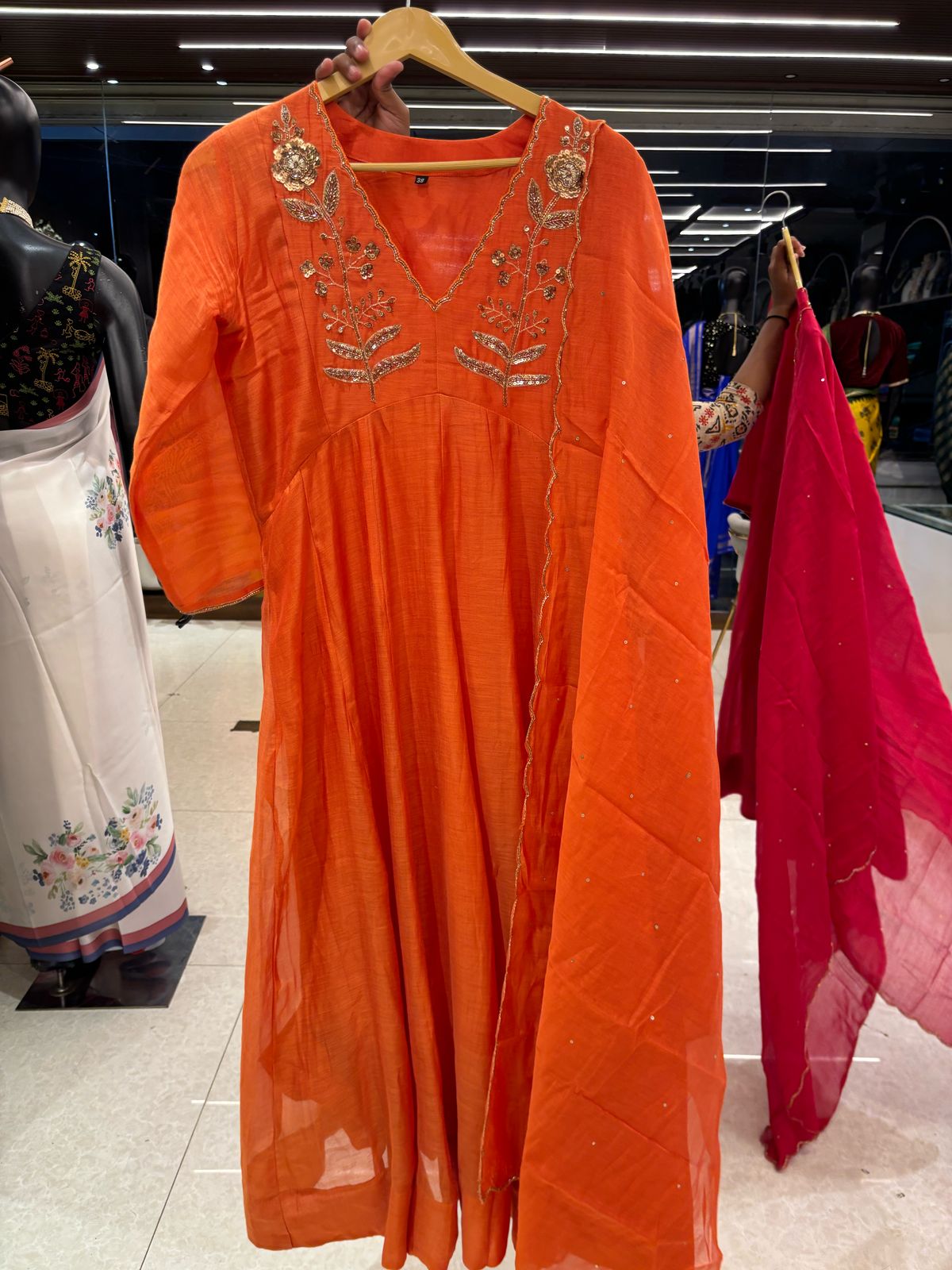 “Pani"  0range 333 Alia cut Mul Chanderi silk Kurtha suit with work hand embroidery