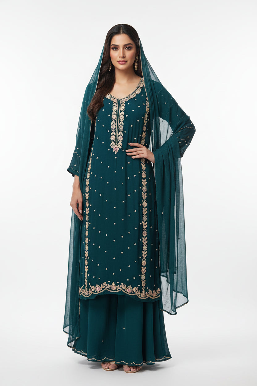 “Pari" Blue chinnon Crepe   party ware Kurtha 339