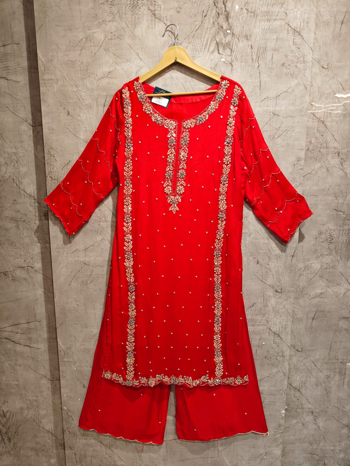 “Pari" Red chinnon Crepe party ware Sharara 301