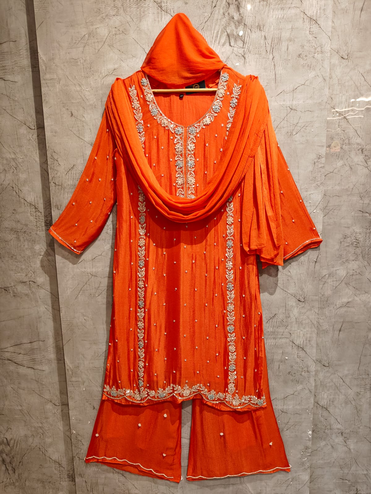 “Pari" Orange chinnon handwork party ware Kurtha 44 set