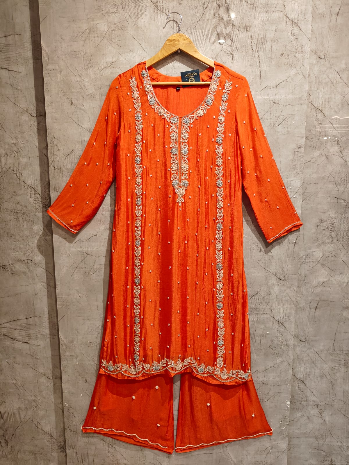 “Pari" Orange chinnon handwork party ware Kurtha 44 set