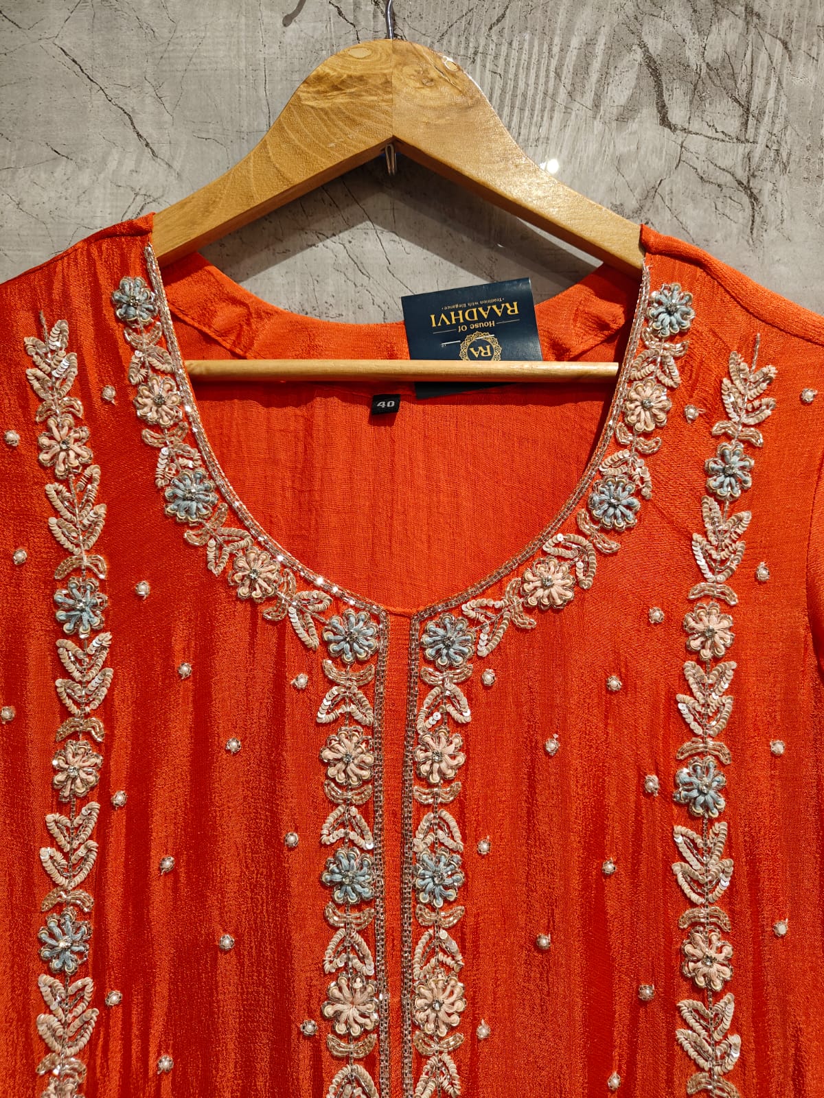 “Pari" Orange chinnon handwork party ware Kurtha 44 set