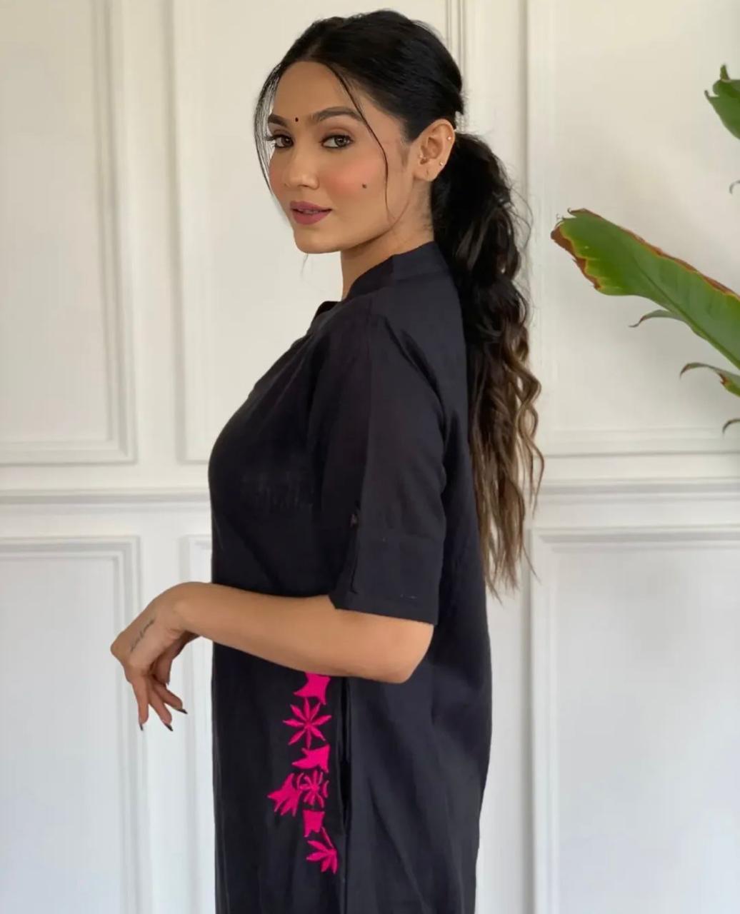 Black cord set cotton pocket embroidery Kurtha set