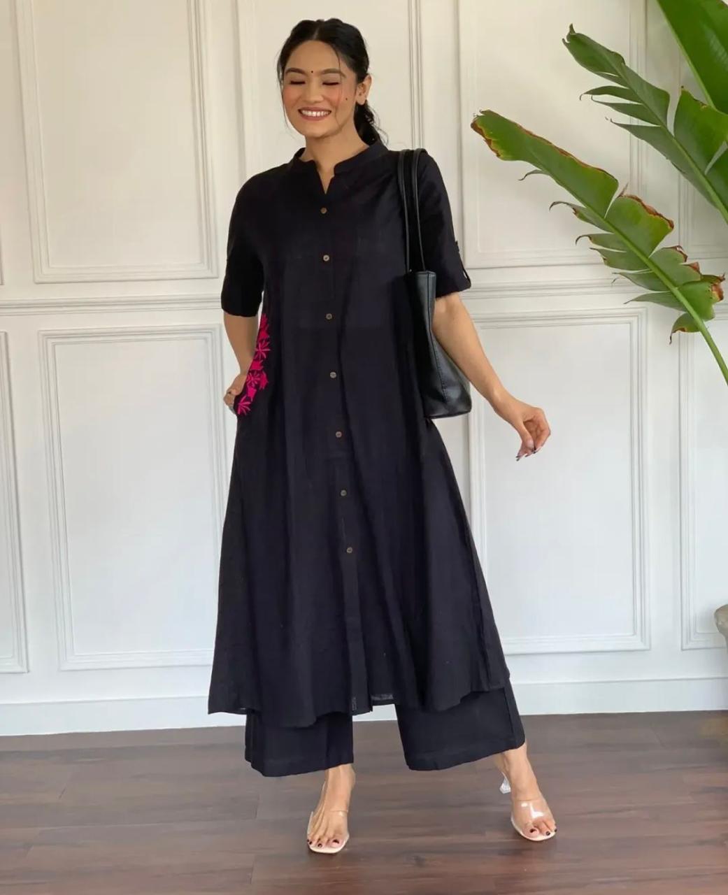 Black cord set cotton pocket embroidery Kurtha set