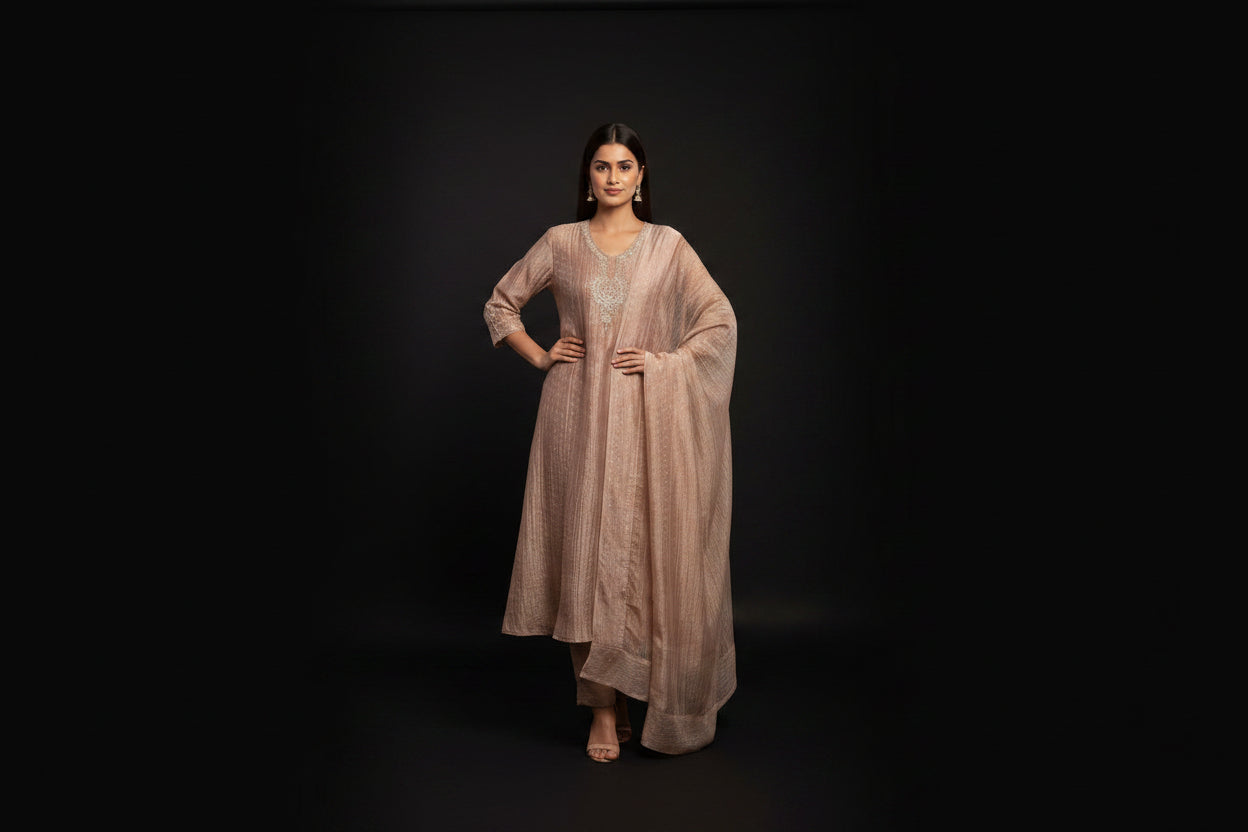 Onion pink Banarasi Crush Tissue Silk A line Kurtha  527