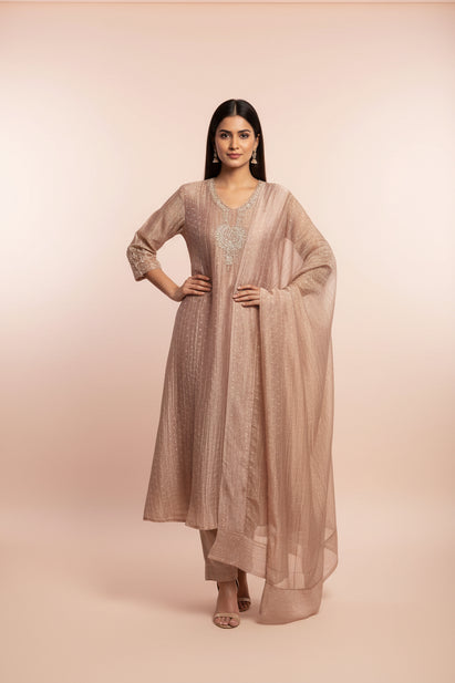 Onion pink Banarasi Crush Tissue Silk A line Kurtha  527 (Copy)
