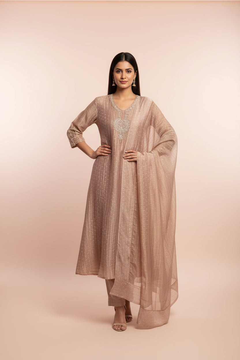 Onion pink Banarasi Crush Tissue Silk A line Kurtha  527 (Copy)