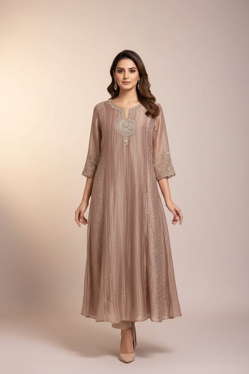 Onion pink Banarasi Crush Tissue Silk A line Kurtha  527 (Copy)
