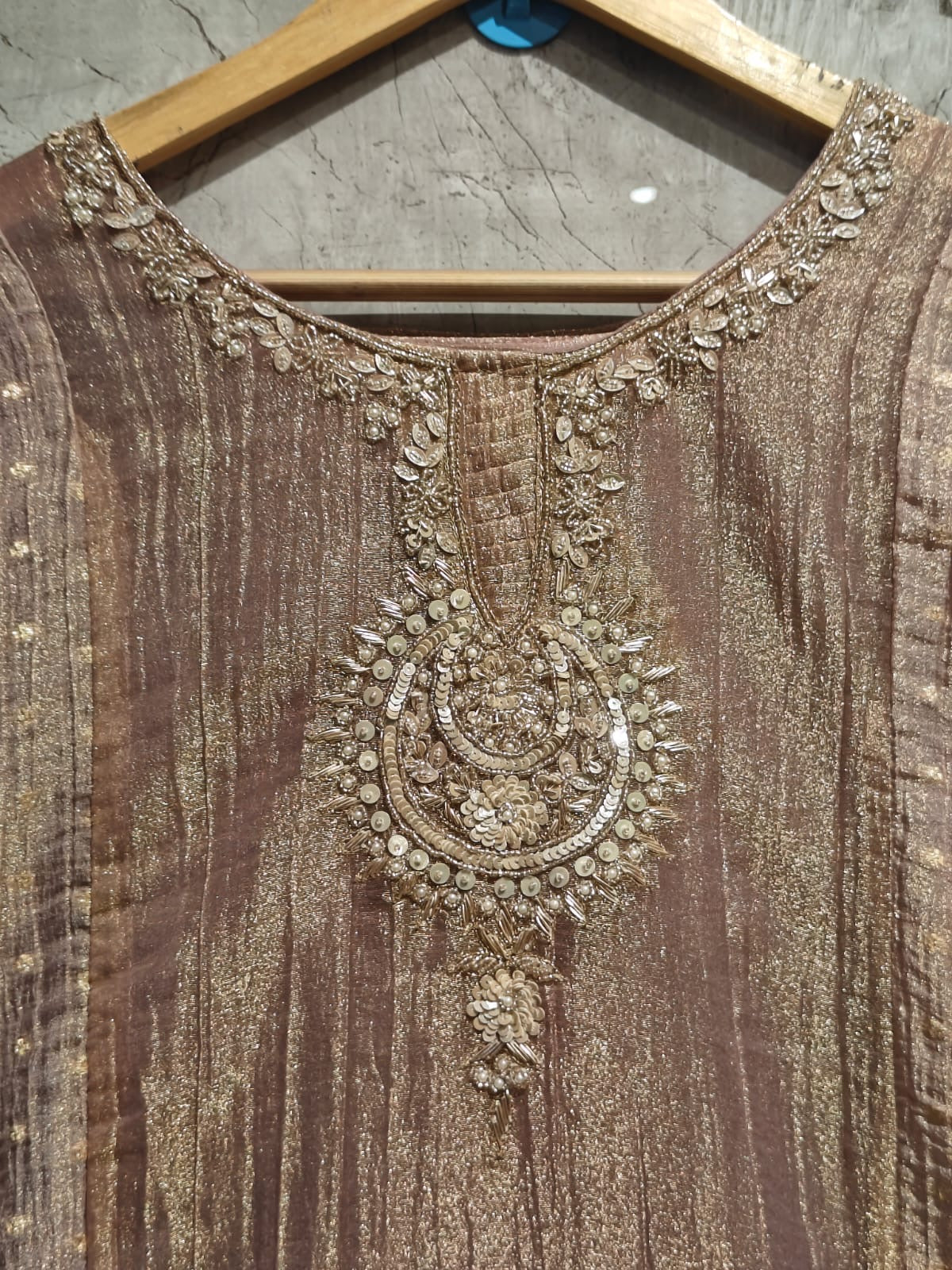 Onion pink Banarasi Crush Tissue Silk A line Kurtha  527 (Copy)