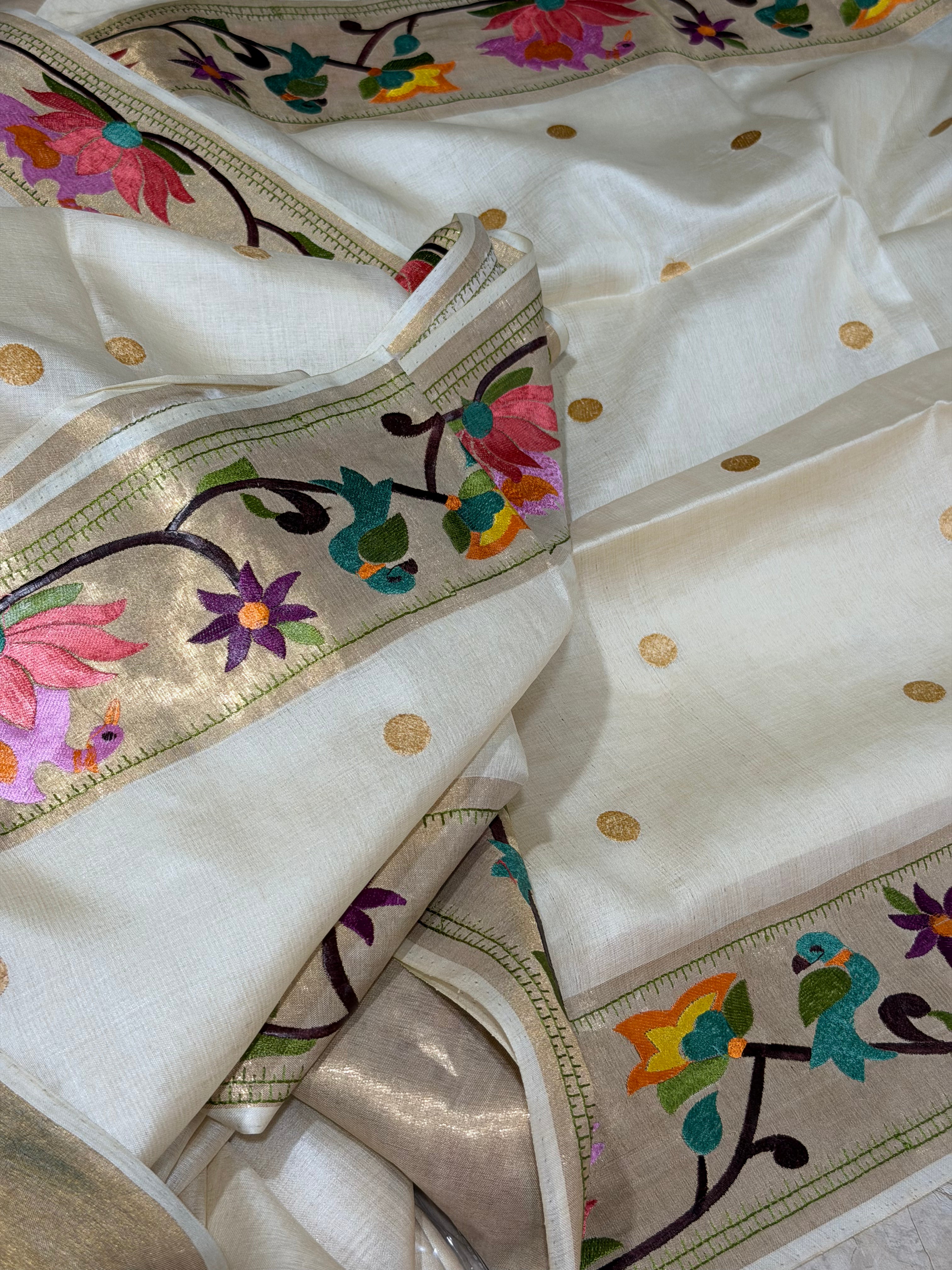 Cream Pure paithani tussar 107 saree