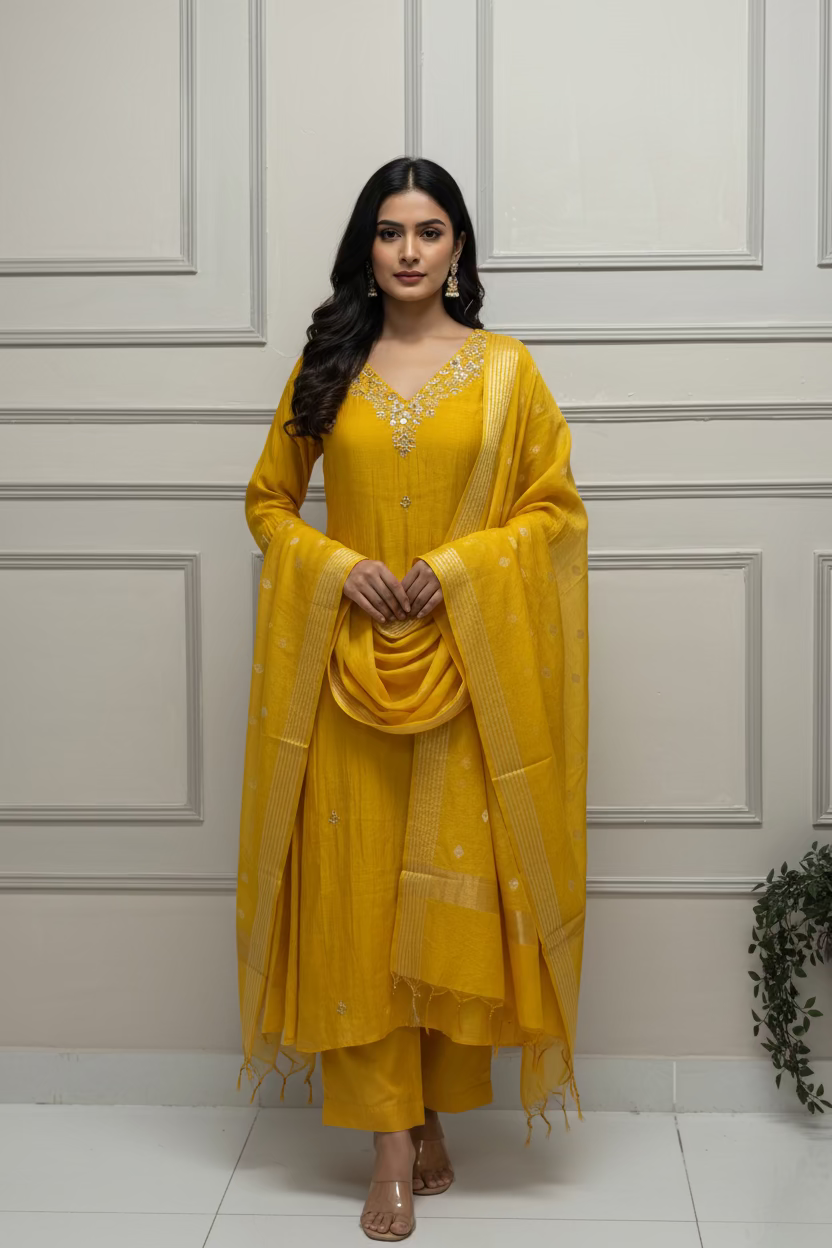 Yellow Mul Chanderi Anarkali Handwork Kurtha 127