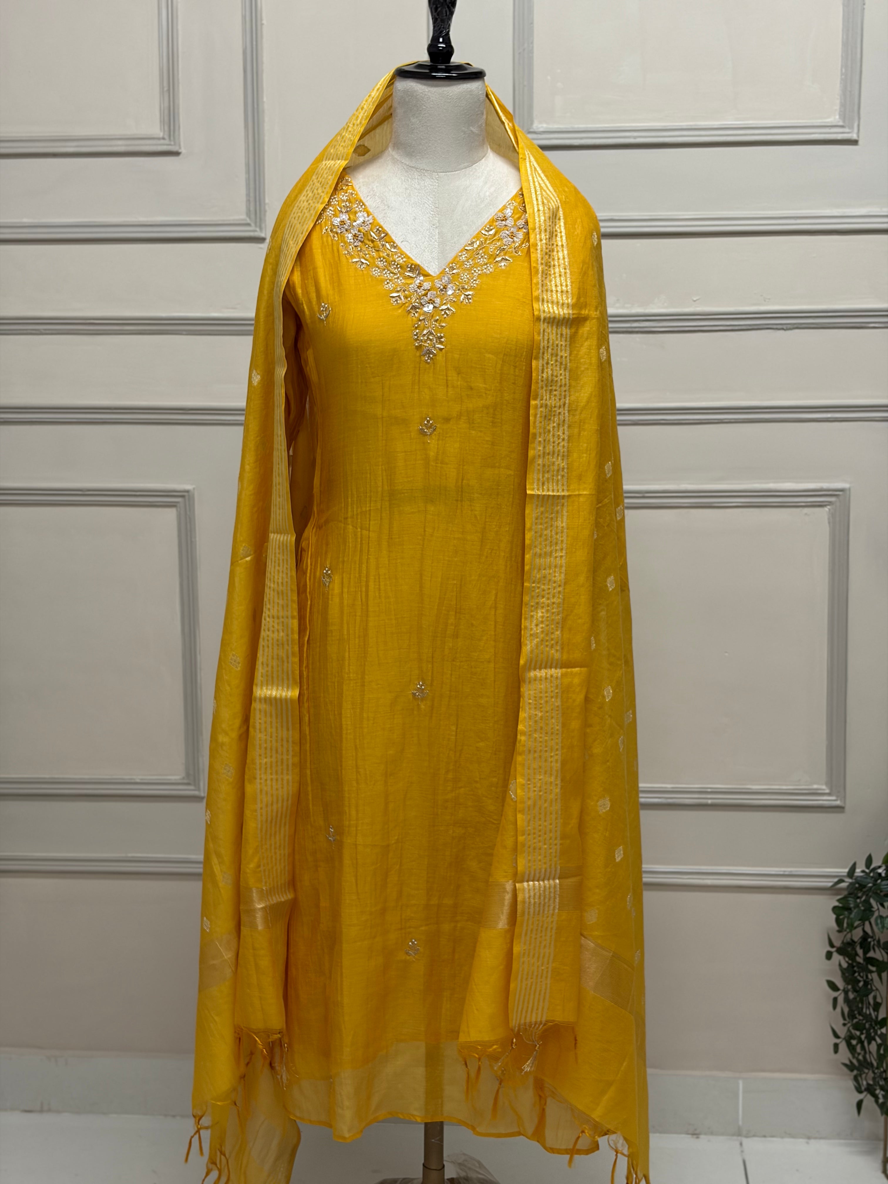 Yellow Mul Chanderi Anarkali Handwork Kurtha 127