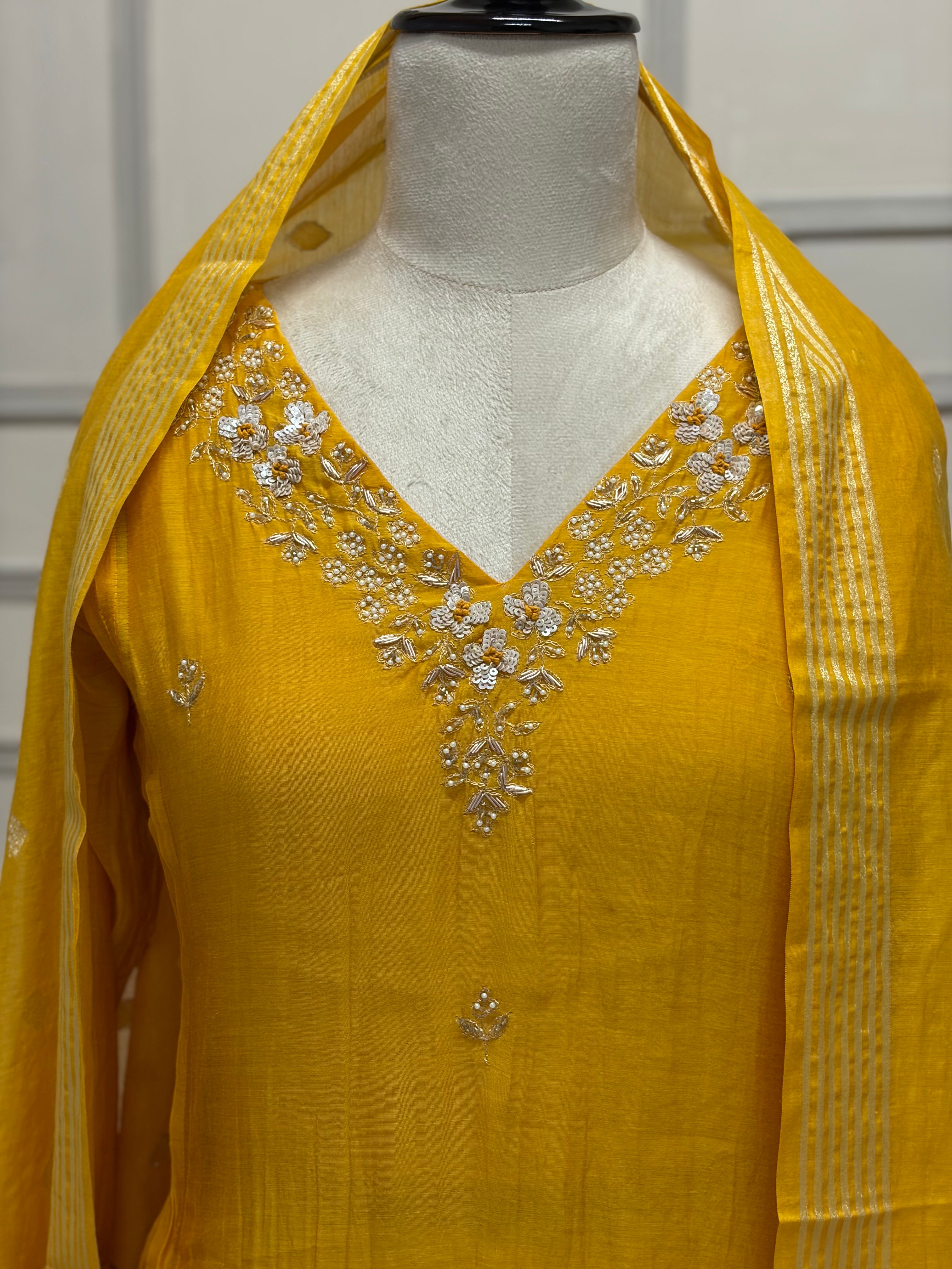 Yellow Mul Chanderi Anarkali Handwork Kurtha 127