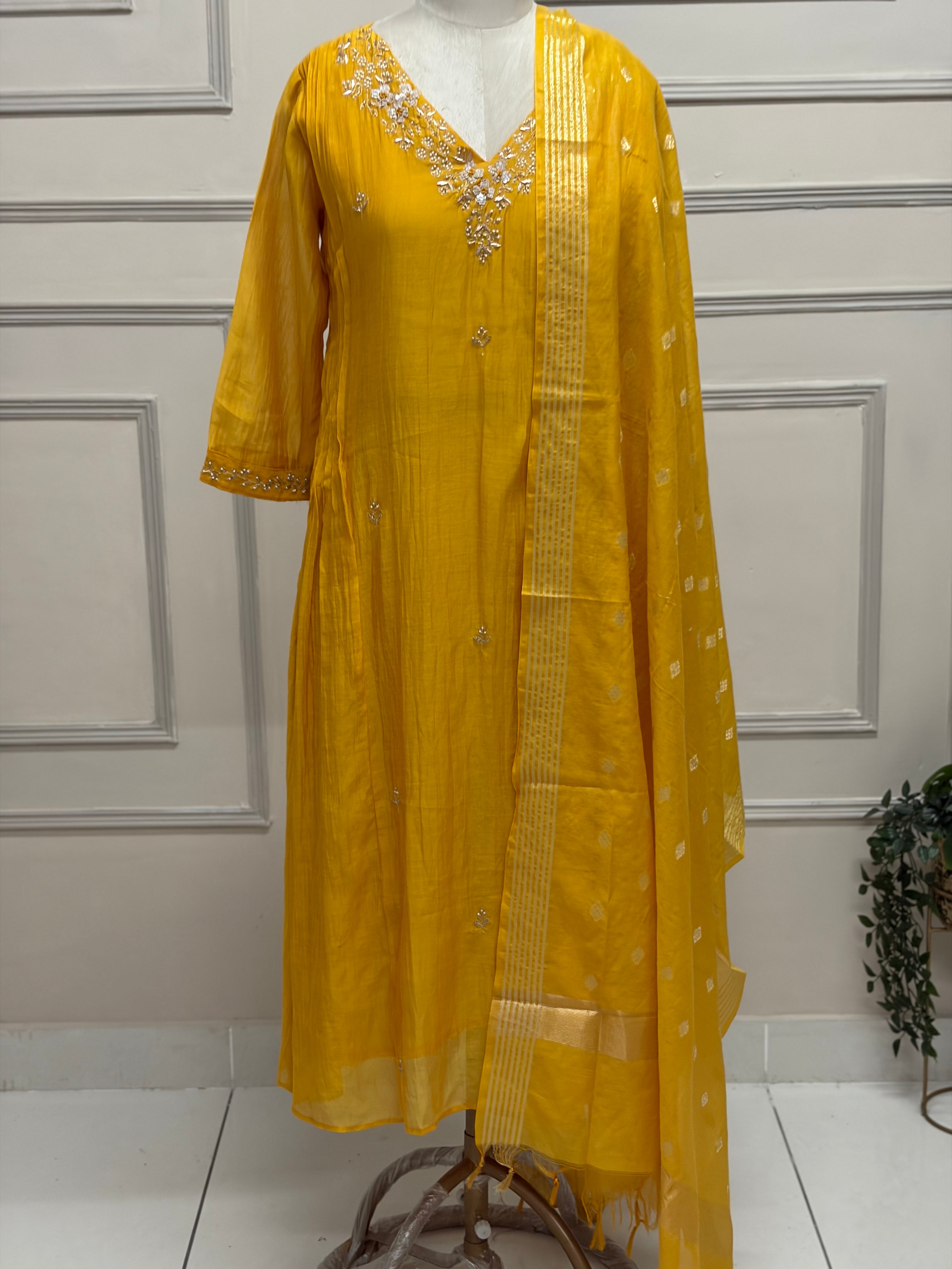 Yellow Mul Chanderi Anarkali Handwork Kurtha 127