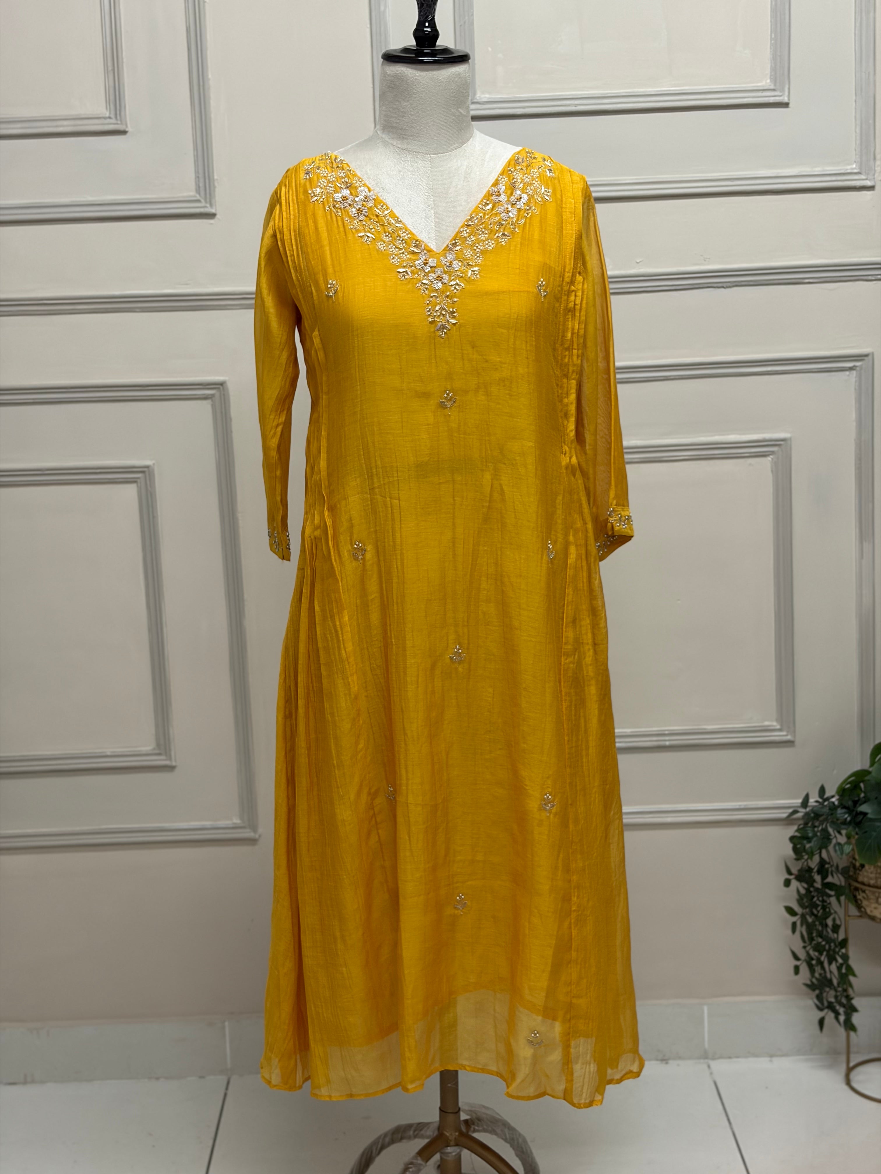 Yellow Mul Chanderi Anarkali Handwork Kurtha 127
