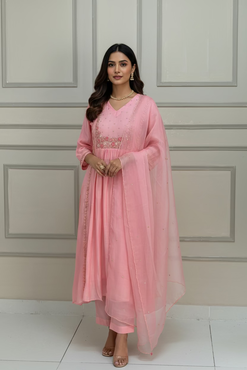 “ Pari” Pink Mul Chanderi silk Kurtha suit with work hand embroidery 898