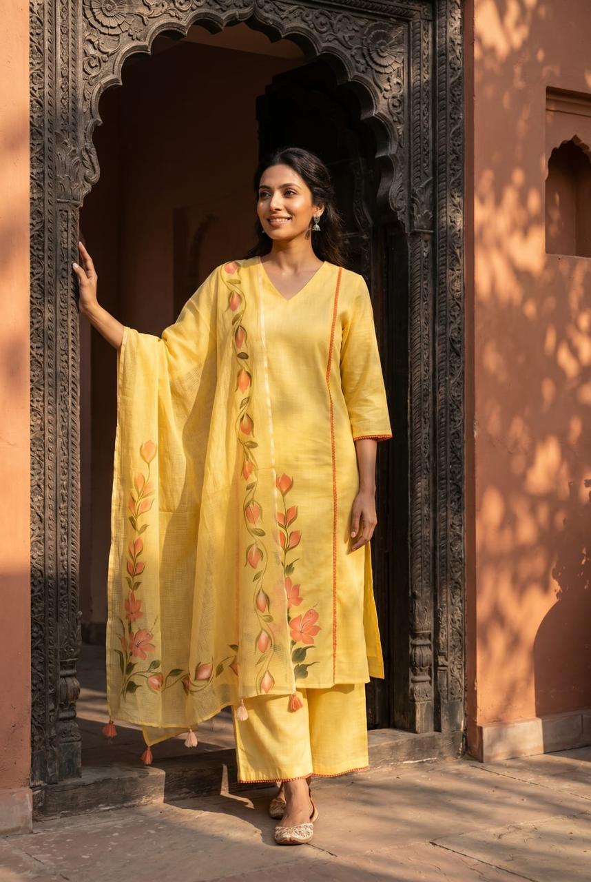 Yellow Linen Cotton Airline Cord Set kurtha 432