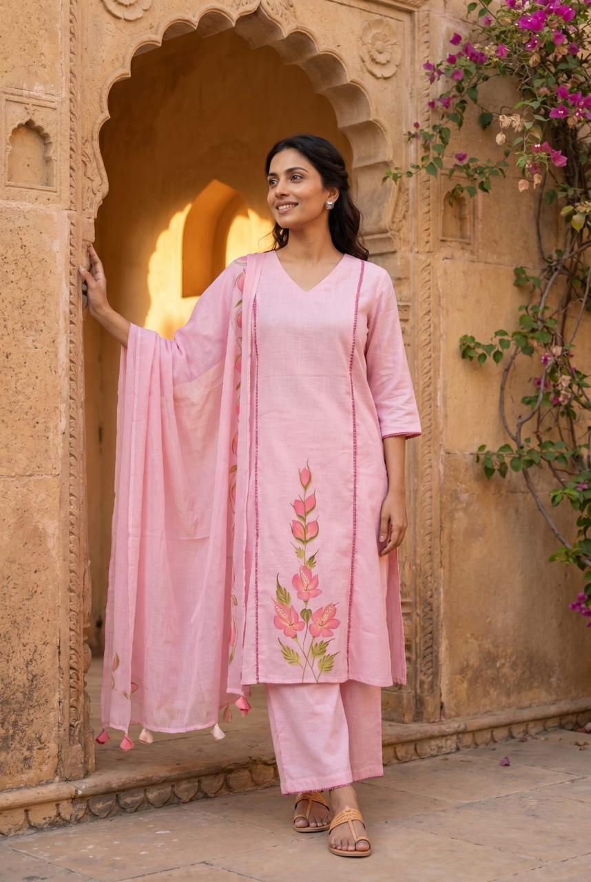 Pink Linen Cotton Airline Cord Set kurtha 432
