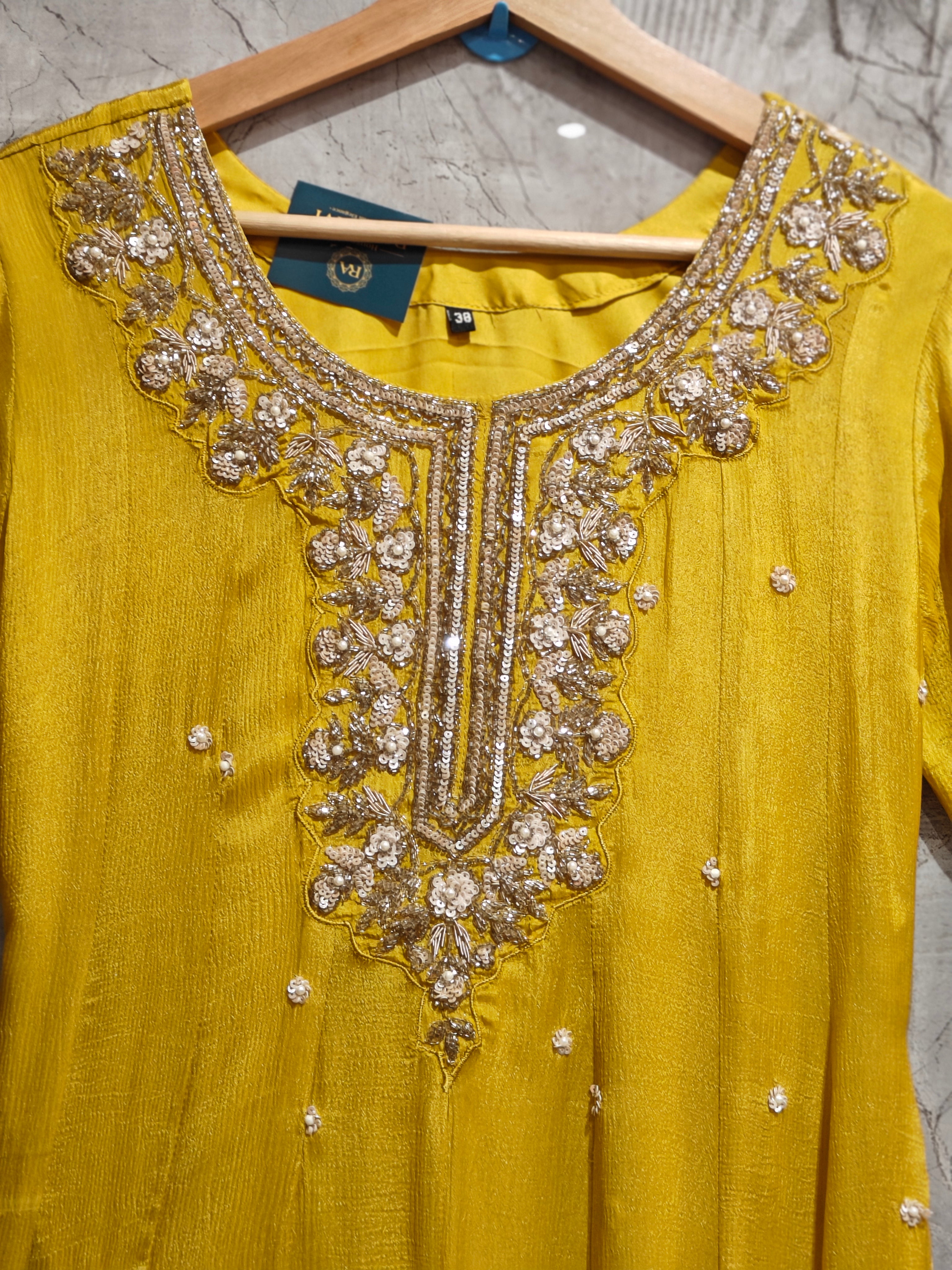 "Pari" Mastuard Yellow Anarkali Handwork Kurtha 567