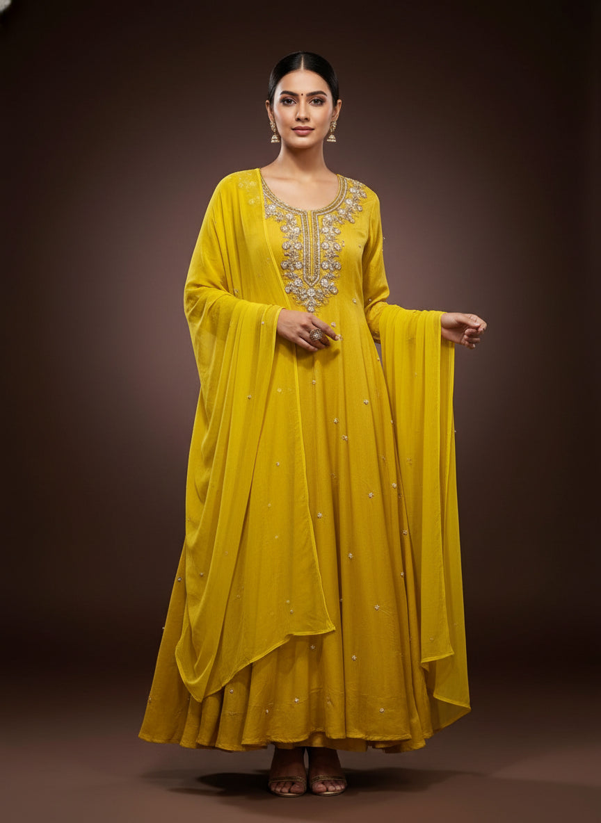 "Pari" Mastuard Yellow Anarkali Handwork Kurtha 567