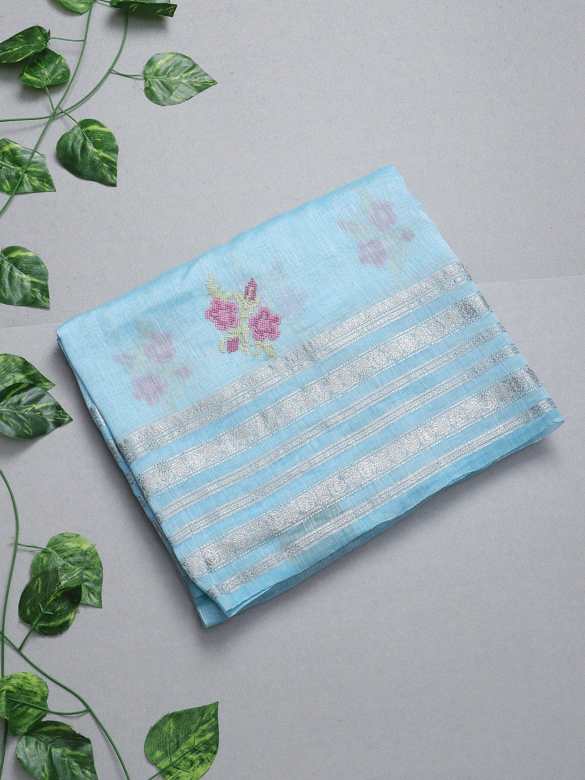 Blue Embroidery Pure Linen Saree (Swara)