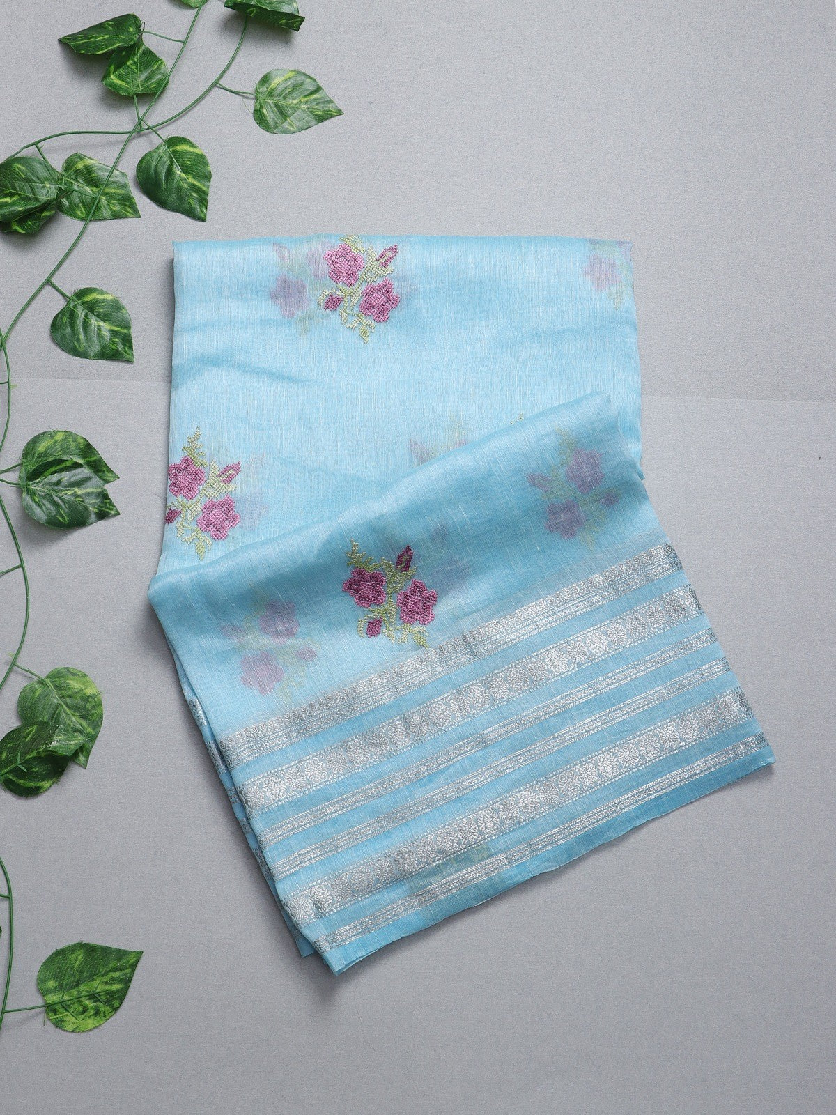 Blue Embroidery Pure Linen Saree (Swara)