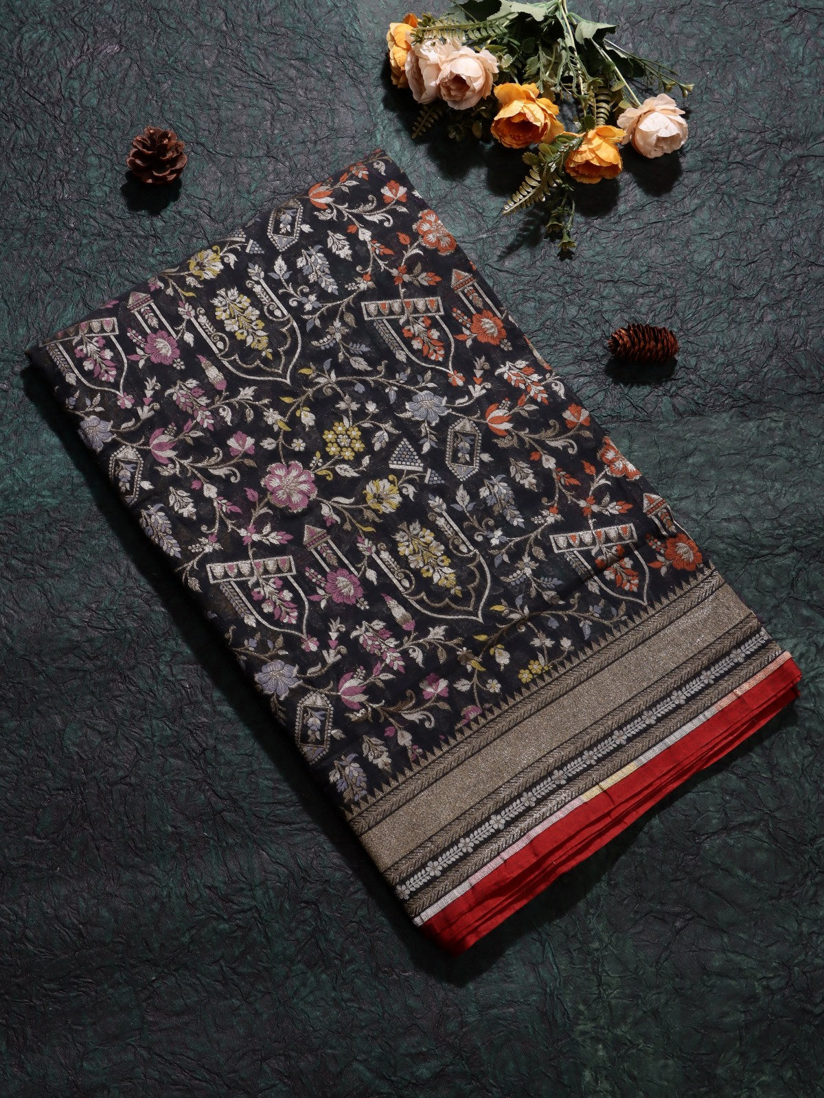 Black Jamdani Kora Silk Saree (Swara)