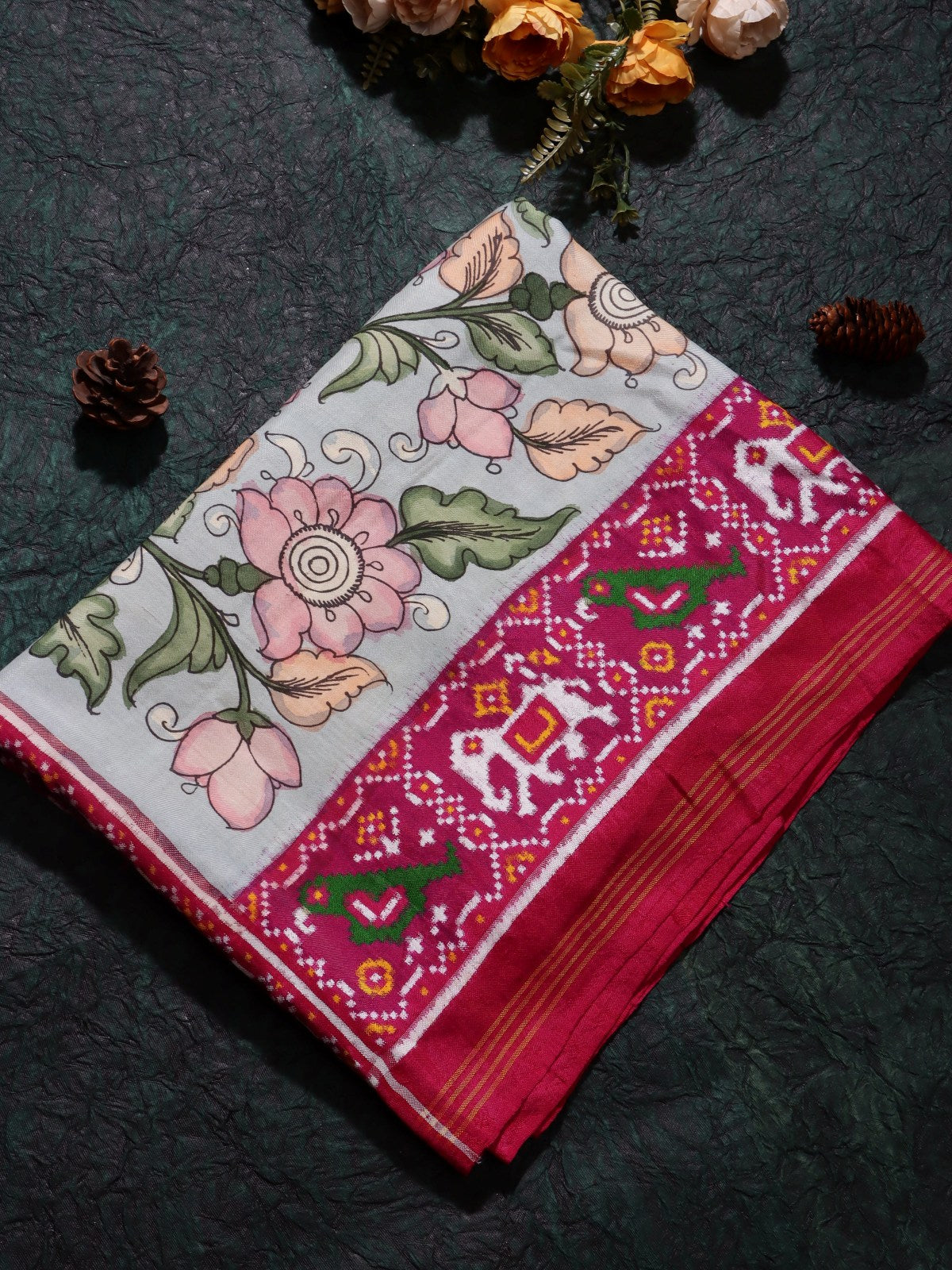 Pink Kalamkari Print Patola Border Pure Kanchi Saree (Swara)