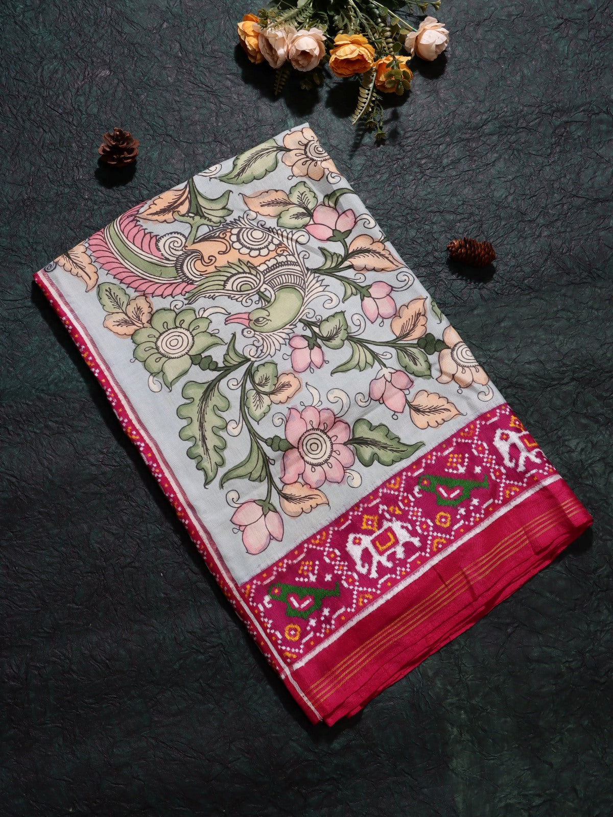 Pink Kalamkari Print Patola Border Pure Kanchi Saree (Swara)