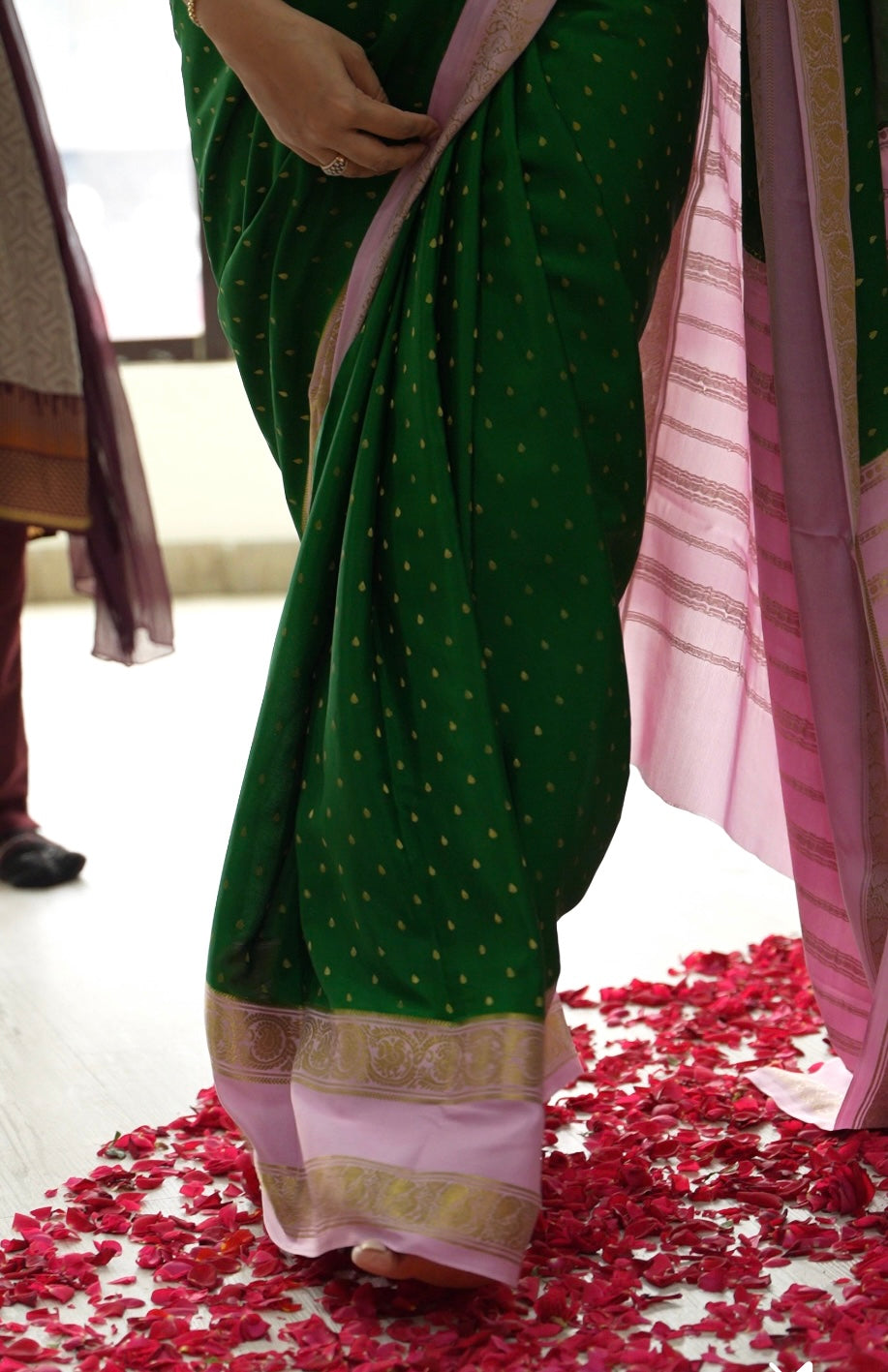 Bottle green and baby pink pure mysore crepe silk saree