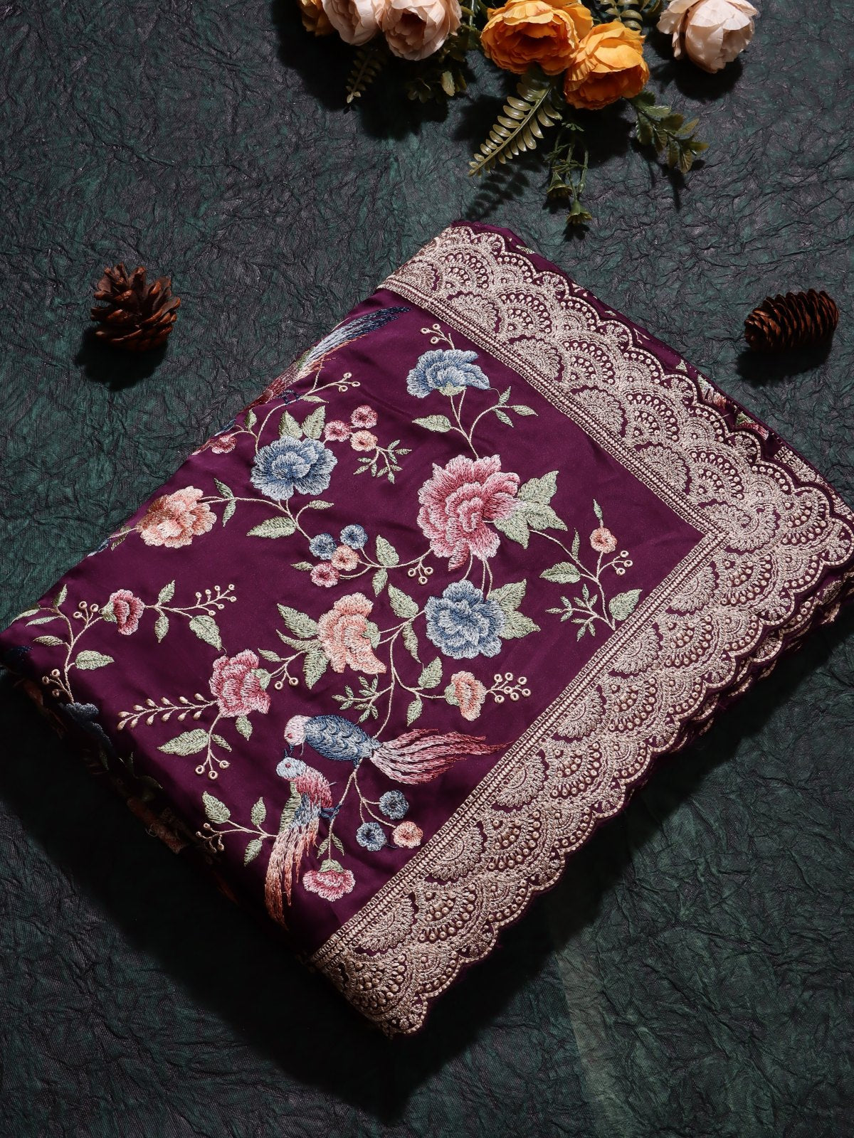 Wine Embroidery Crepe Saree (Swara)