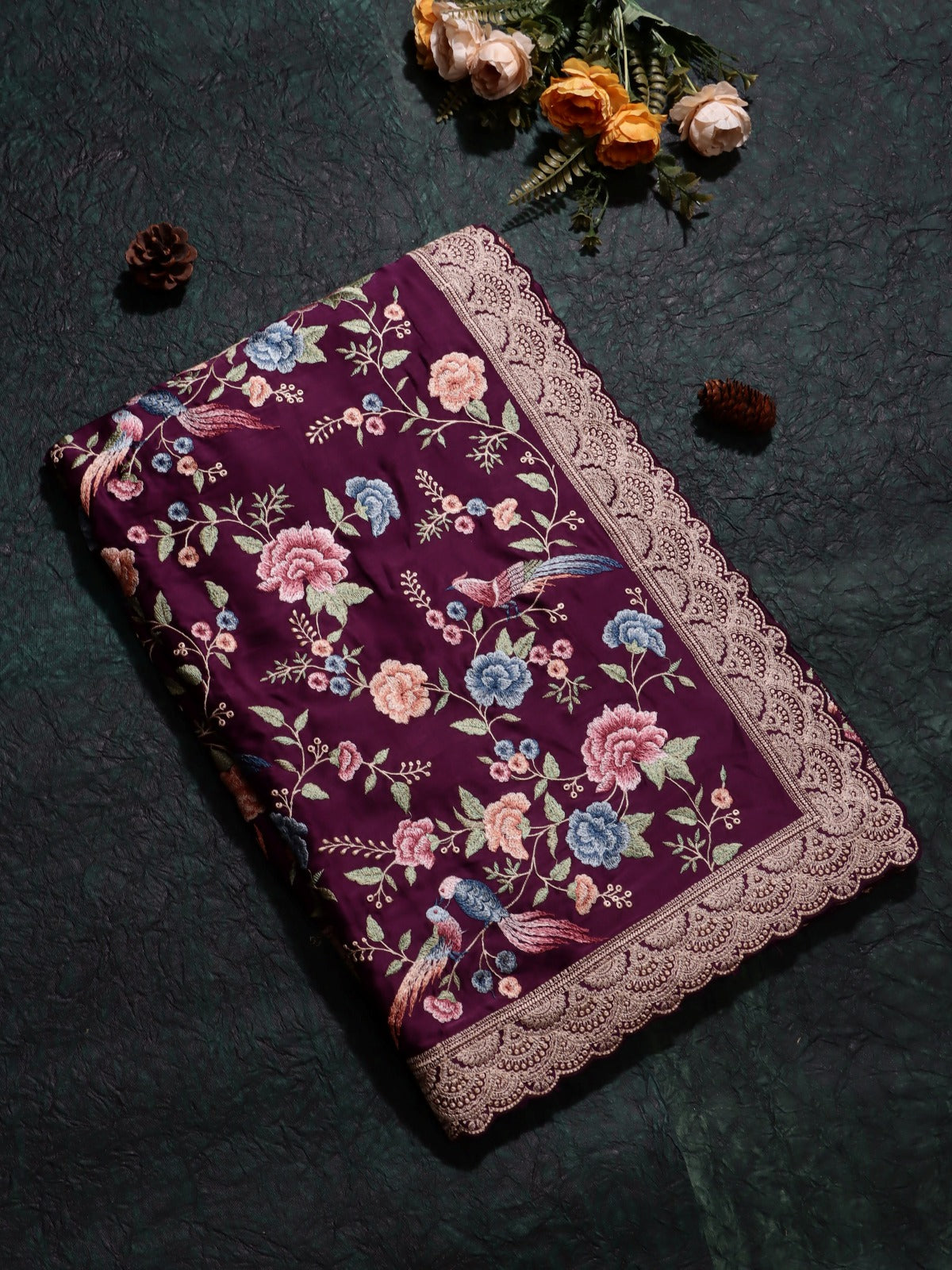 Wine Embroidery Crepe Saree (Swara)