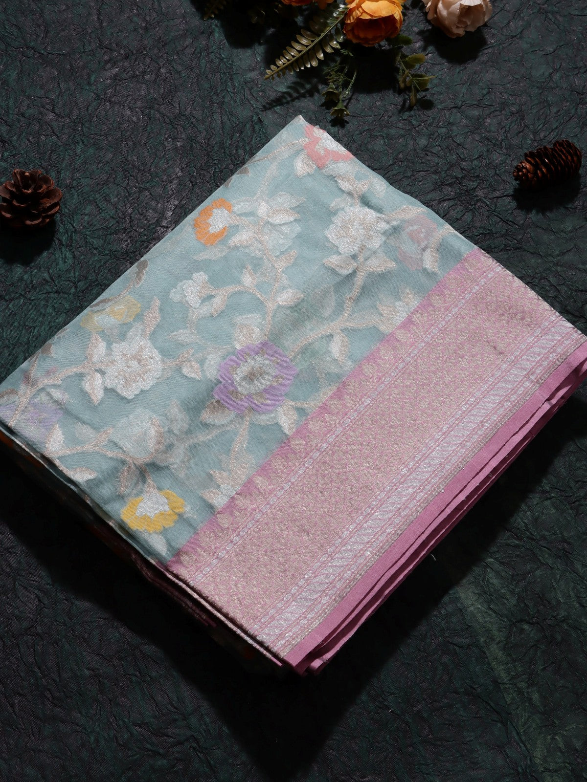 Blue Jamdani Kora Silk Saree (Swara)