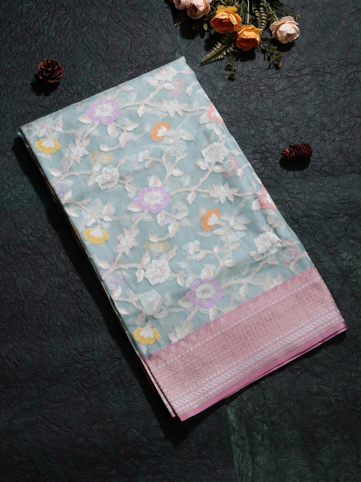 Blue Jamdani Kora Silk Saree (Swara)